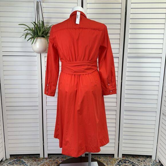 New J Crew Red Tie Waist Shirt Dress Cotton Poplin Bright Cerise Womens Size 16 - Picture 5 of 10